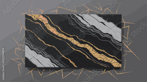 A stylish vector illustration of a black marble surface featuring striking gold veins and abstract crack patterns. Ideal for luxury design projects or backgrounds.