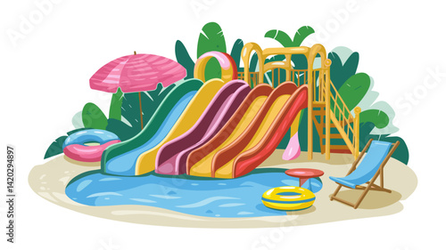 A vibrant vector illustration of a fun water slide featuring multiple colorful slides, surrounded by lush greenery. A pool and beach chair complete the summer scene.