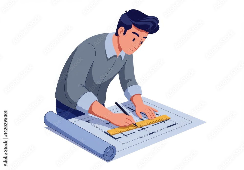 Architect planning blueprint with precision tools for construction design