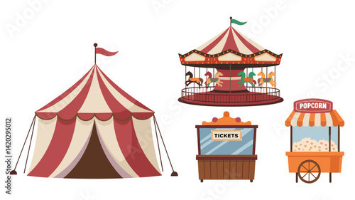A vibrant vector illustration of classic carnival elements including a striped tent, a carousel with horses, a ticket booth, and a popcorn cart. Perfect for festive designs!