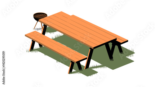 This vector image features a picnic table and a charcoal grill, set against a minimalistic background. Perfect for summer, outdoor, or BBQ themes.