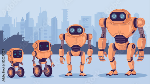 A collection of four whimsical cartoon robots of varying sizes, set against a stylized urban skyline. These friendly robots embody futuristic technology with a fun twist.