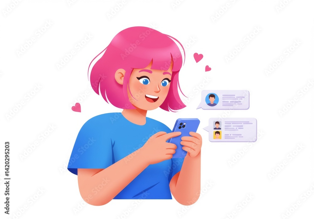 Young woman engaging in online chatting with heart icons - modern communication and digital interaction concept Young woman engaging in online chatting with heart icons - modern communication and digital interaction concept