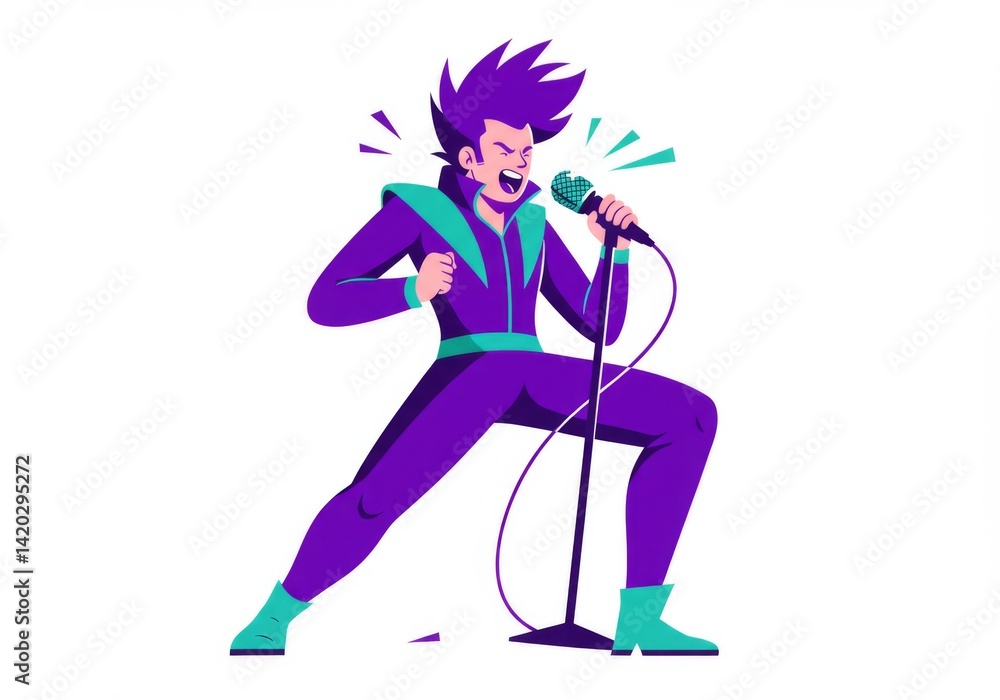 Energetic music performance with animated singer on stage in vibrant purple outfit