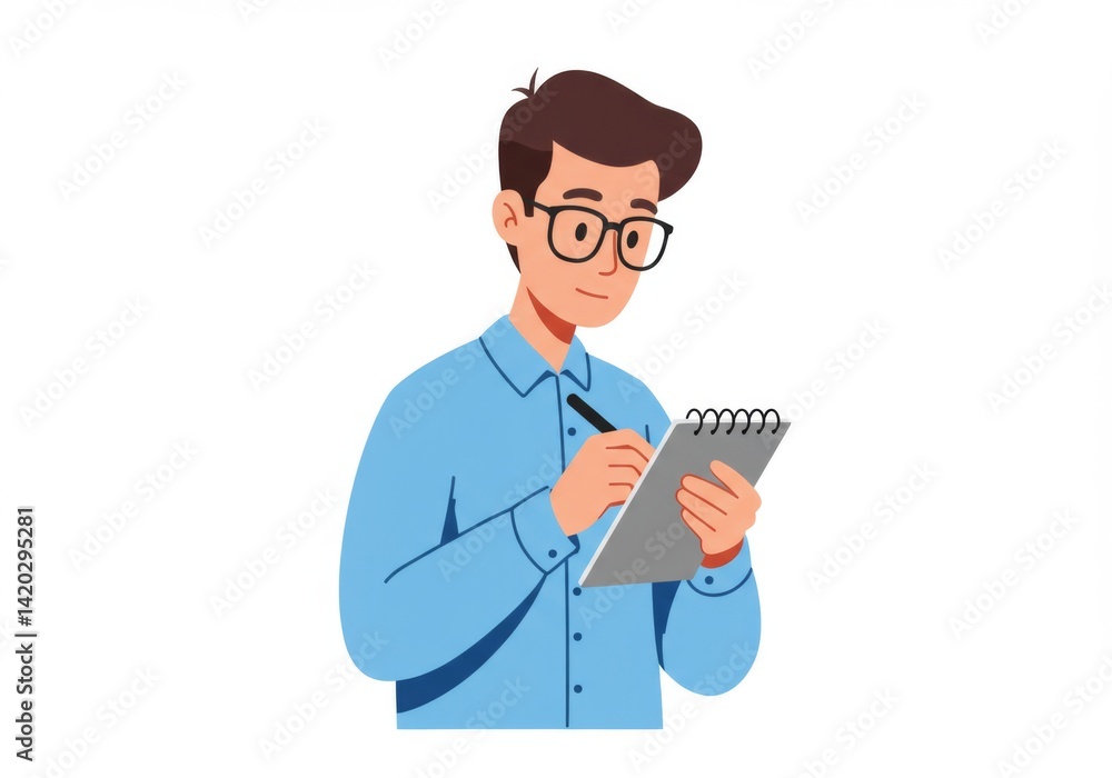 Illustration of a young man writing notes on a notepad in a blue shirt Illustration of a young man writing notes on a notepad in a blue shirt
