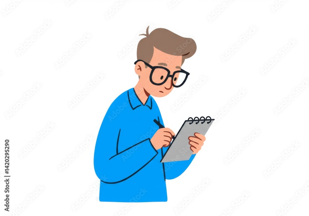 Thoughtful man writing in notepad with glasses and blue shirt