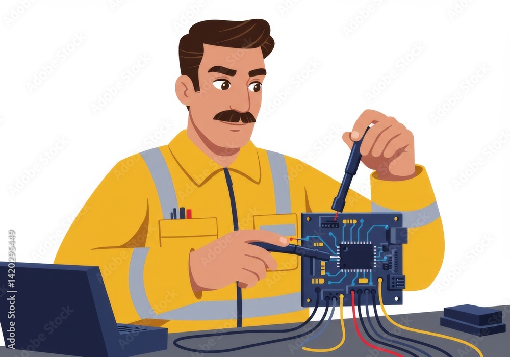 Technician diagnosing circuit board with tools in workshop setting for electrical repair education