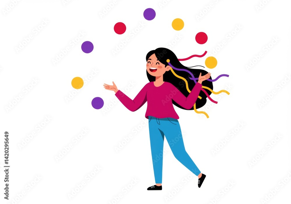 Joyful celebration with smiling woman and colorful streamers for festive design