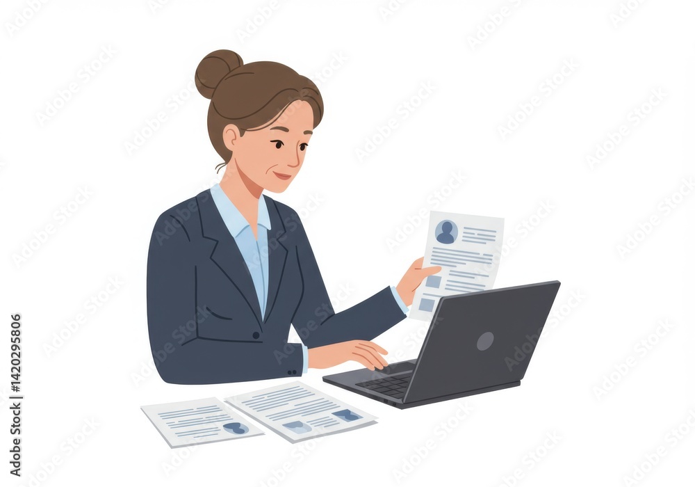 Businesswoman at work reviewing documents on laptop for job application preparation