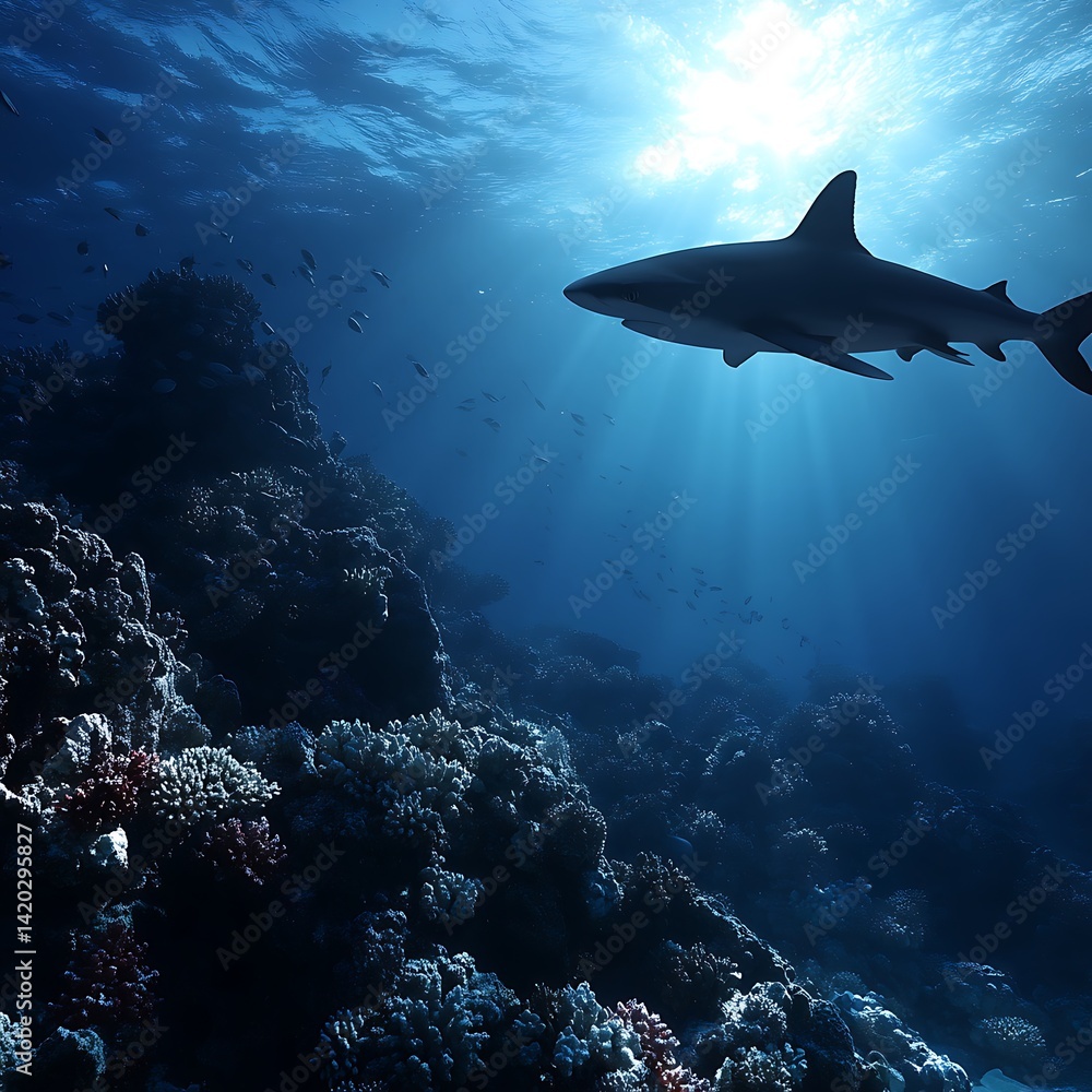 Fototapeta premium Sleek Shark Silhouetted Beneath Sunlit Ocean Surface Amidst Vibrant Coral Reef Habitat Underwater.