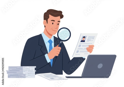 Businessman analyzing documents with magnifying glass for recruitment and evaluation
