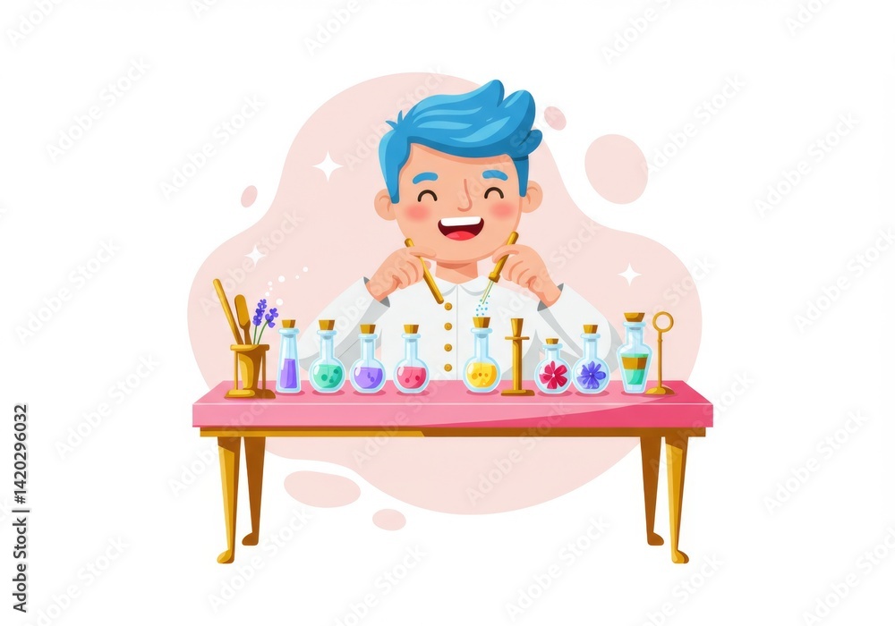 Happy child experiments with colorful chemistry set at science lab table
