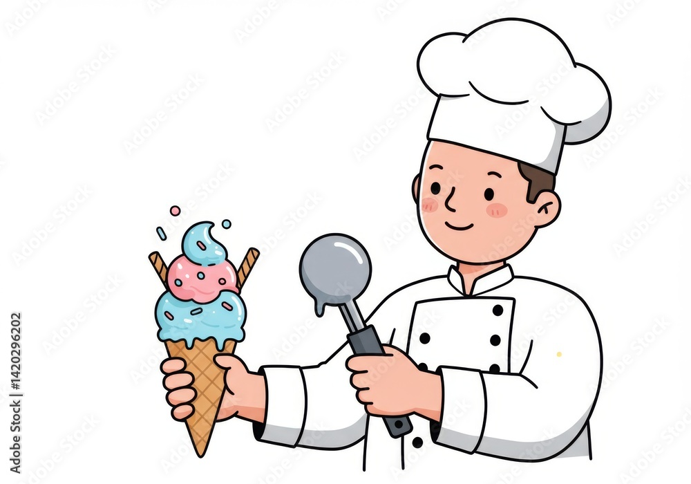 Ice cream delight with smiling chef in uniform holding colorful cone