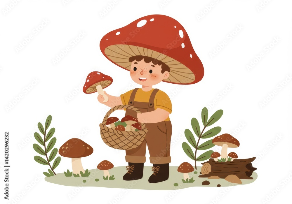 Cute child in mushroom hat gathering mushrooms in forest illustration for children's storybook