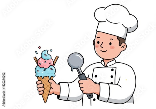 Obraz na płótnie Ice cream delight with smiling chef in uniform holding colorful cone w salonie
