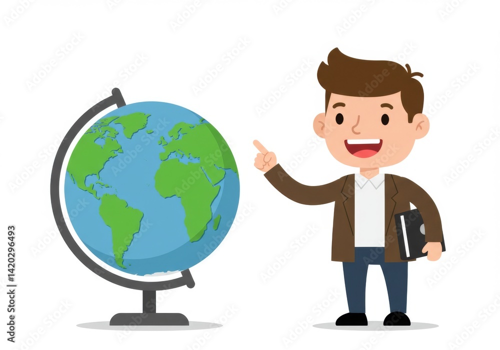 Enthusiastic man pointing at globe for geography education and adventure concepts