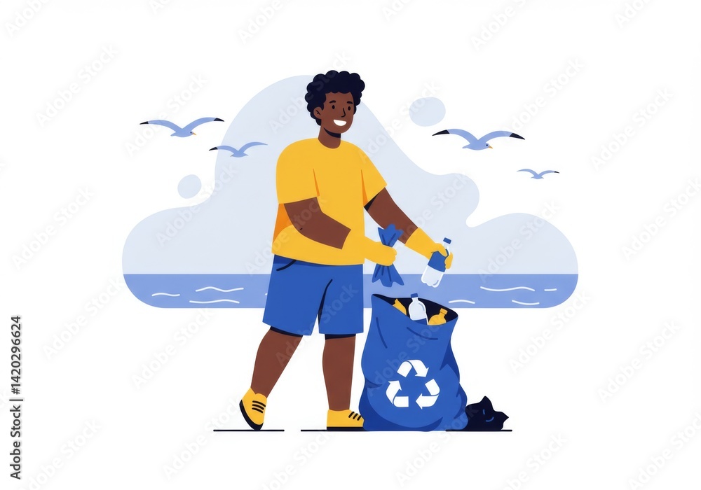 Community beach cleanup with recycling awareness illustration for environmental conservation