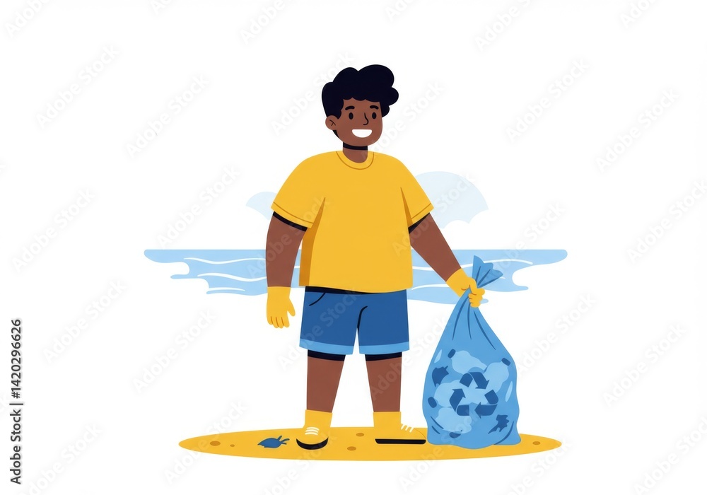 Beach cleanup initiative featuring youth volunteer holding recyclable trash bag with ocean background