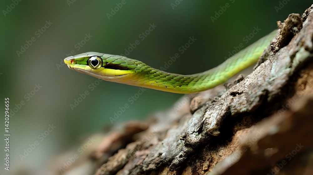 Spotted bush snake in mid-climb along forest bark, slender body detail and soft green forest tones Spotted bush snake in mid-climb along forest bark, slender body detail and soft green forest tones