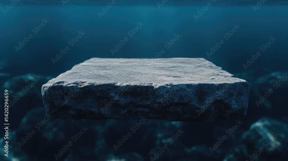 Naklejka premium A large, light gray stone block floats serenely in deep underwater surroundings