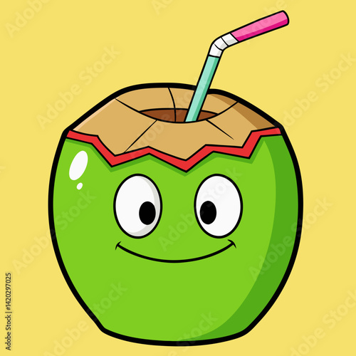Cute Cartoon Coconut with Straw and Happy Face

