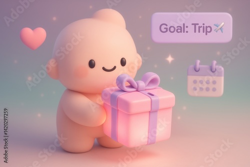Wallpaper Mural Gifted Trip Dream: An adorable, animated figure holds a beautifully wrapped gift, symbolizing the dream of a trip, alongside a calendar and heart. Torontodigital.ca