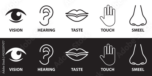 Human senses icon set. Vision eye, smell nose, hearing ear, touch hand, taste mouth with tongue. Simple line icons and black circle. Five senses of human nervous system. Vector illustration.