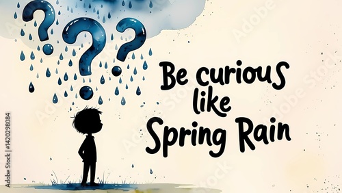 Conceptual Spring Rain Illustration with Inspirational Quote About Curiosity