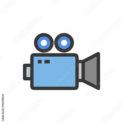 Blue vintage video camera icon on black background
