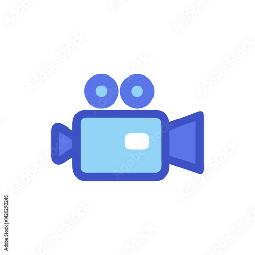 Blue vintage video camera icon on black background