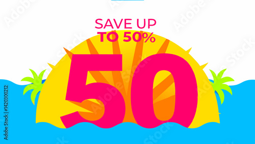 Dramatic summer sale banner with "Save up to 50%" text against a vibrant sun and ocean backdrop