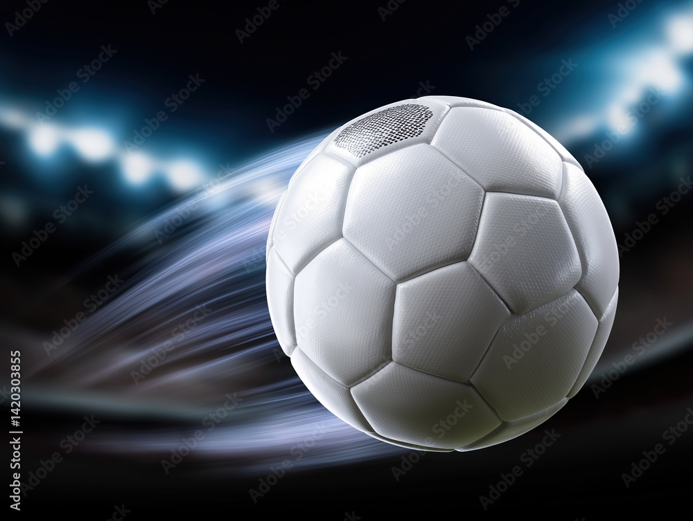 Fototapeta premium Soccer ball in motion during a night match with stadium lights illuminating the background