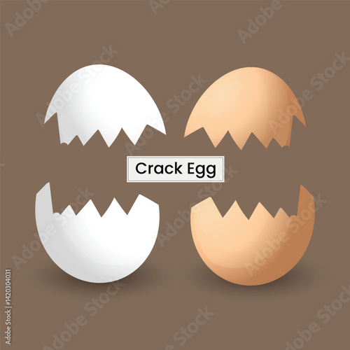 A stylized illustration of cracked white and brown egg shells with jagged edges on a brown background. Centered text reads "Crack Egg" in a bold, clear font.