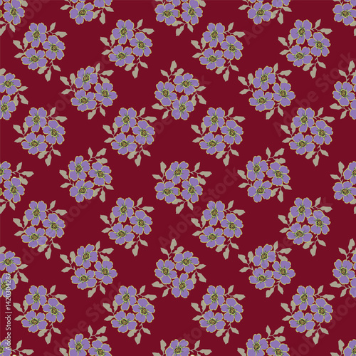 Vintage seamless floral pattern. Liberty style background of small mauve and lilac flowers. Small flowers scattered over a white background. Stock for printing on surfaces