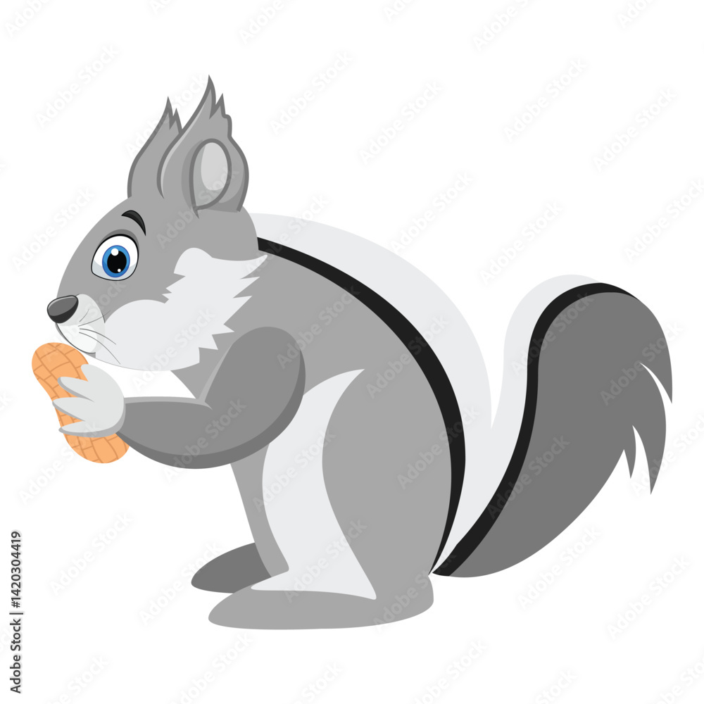 Naklejka premium Gray vector skunk with a bold white stripe, bright blue eyes, and fluffy bushy tail holding a peanut in its paws
