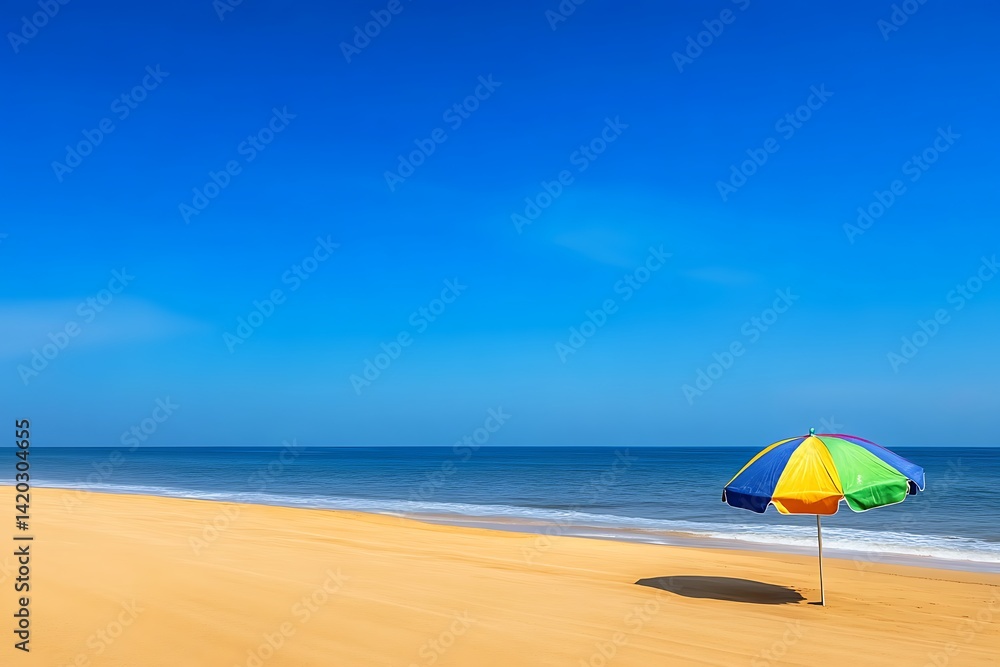 Empty beach with colorful umbrella under a clear sky Empty beach with colorful umbrella under a clear sky