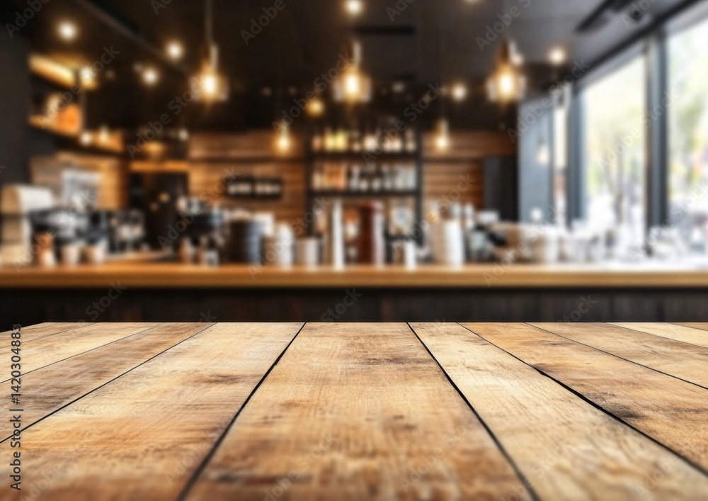 Fototapeta premium Wooden cafe countertop, blurred background