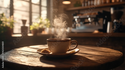 Steaming Coffee Cup on Wooden Table in a Warm Sunny Cafe