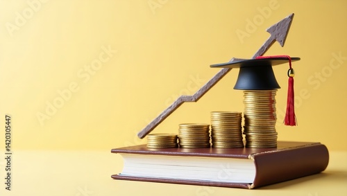 Graduation cap on growing gold coin stacks atop a book symbolizing increasing education costs and financial investment in