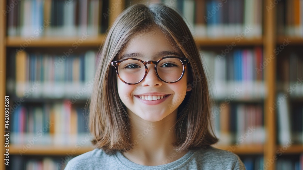 Smiling girl in glasses in a library setting Smiling girl in glasses in a library setting