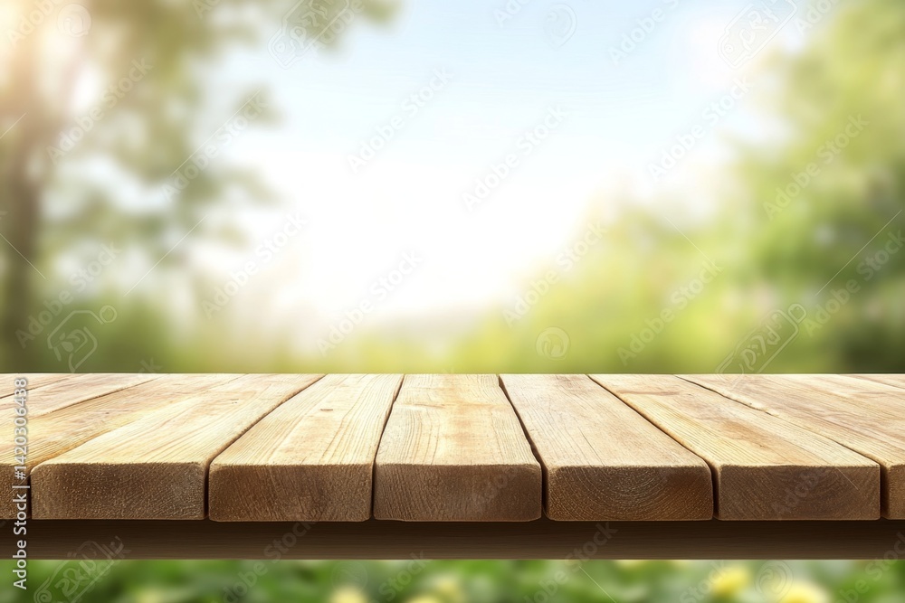 Outdoor wooden table top, blurred garden background Outdoor wooden table top, blurred garden background