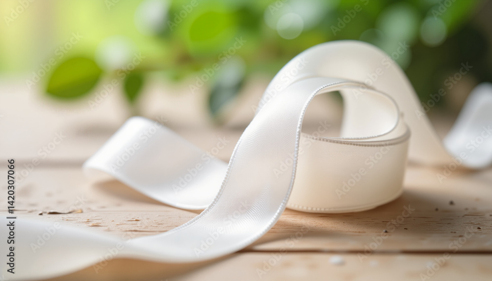 Naklejka premium Elegant white ribbon draped over rustic wood, simple beauty