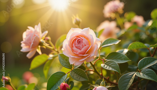 Dew-kissed roses bloom in garden sunlight, serenity and beauty