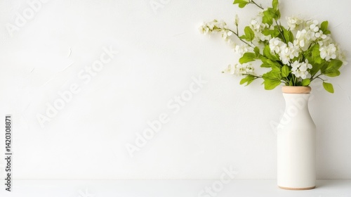 Wallpaper Mural A white ceramic vase with fresh green and white flowers, standing on a clean white surface against a minimalist background, and serene and elegant composition. Torontodigital.ca