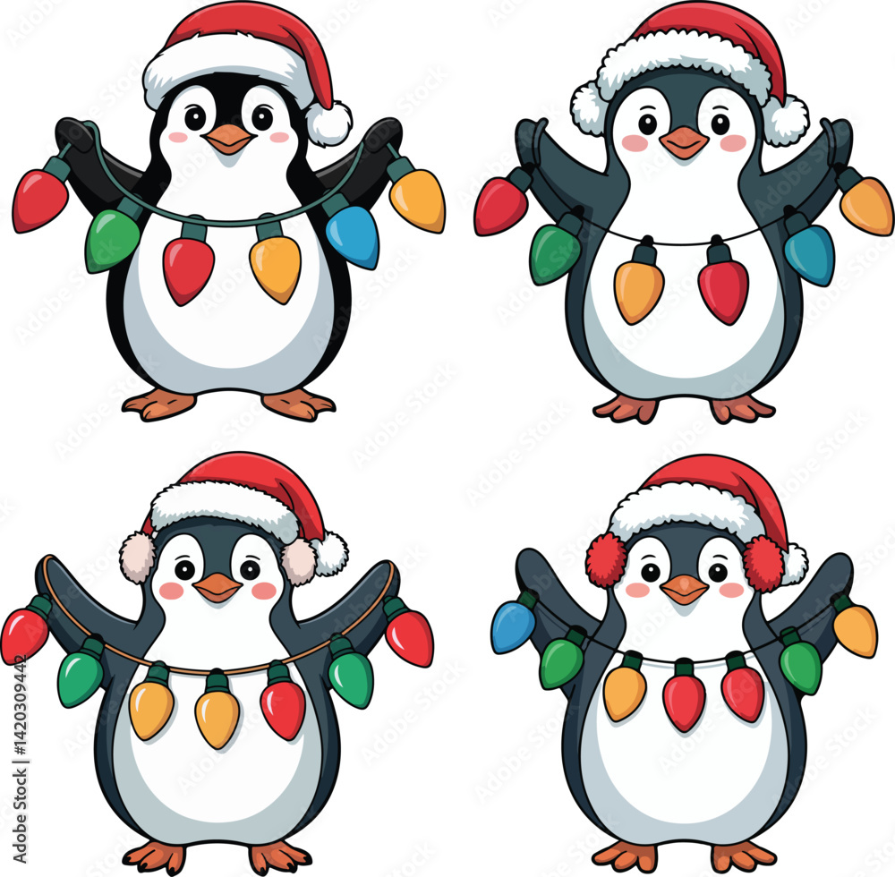 Fototapeta premium Festive Penguin Clipart with Santa Hats and Christmas Lights – Cute Holiday Illustration
