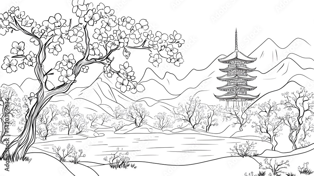 Naklejka premium Tranquil Landscape with Cherry Blossom and Traditional Pagoda Scene