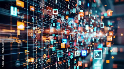 Exploring the depths of a digital data grid in a vibrant vertical time lapse display, Technology digital data grid Vertical time lapse in 9:16 ratio Smartphone and social media ready