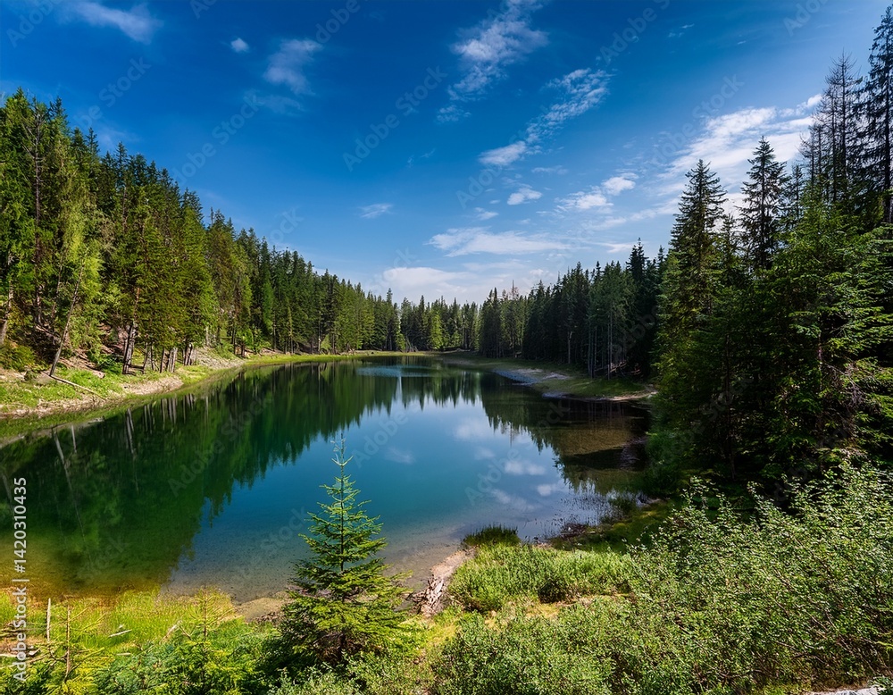 Panoramic View of Alpine Lake Surrounded by Conifer Trees Panoramic View of Alpine Lake Surrounded by Conifer Trees