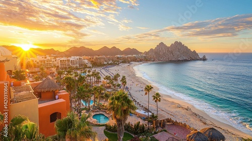 Stunning sunset view of los cabos beach resort.