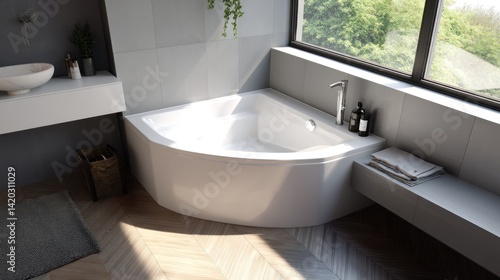 Minimal corner bath with white finishes and soft inset 